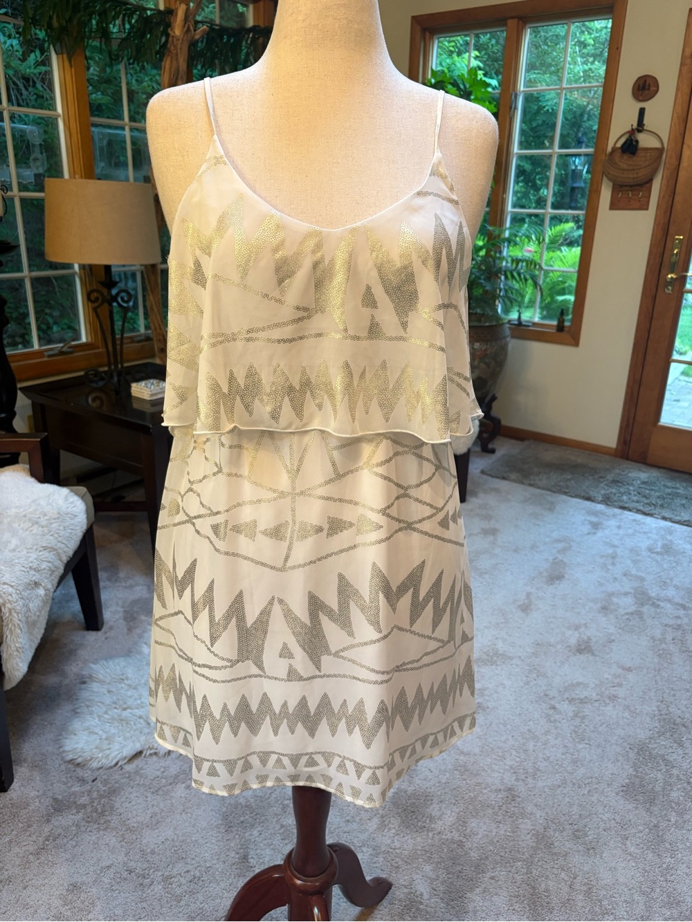 White and Silver Metallic Aztec Print Spaghetti Strap Dress